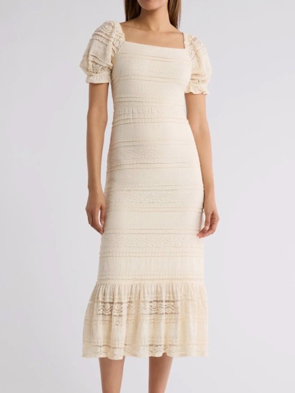 NWT Eliza J Puff Sleeve Square Neckline Ivory/Beige Midi Dress. Size 6